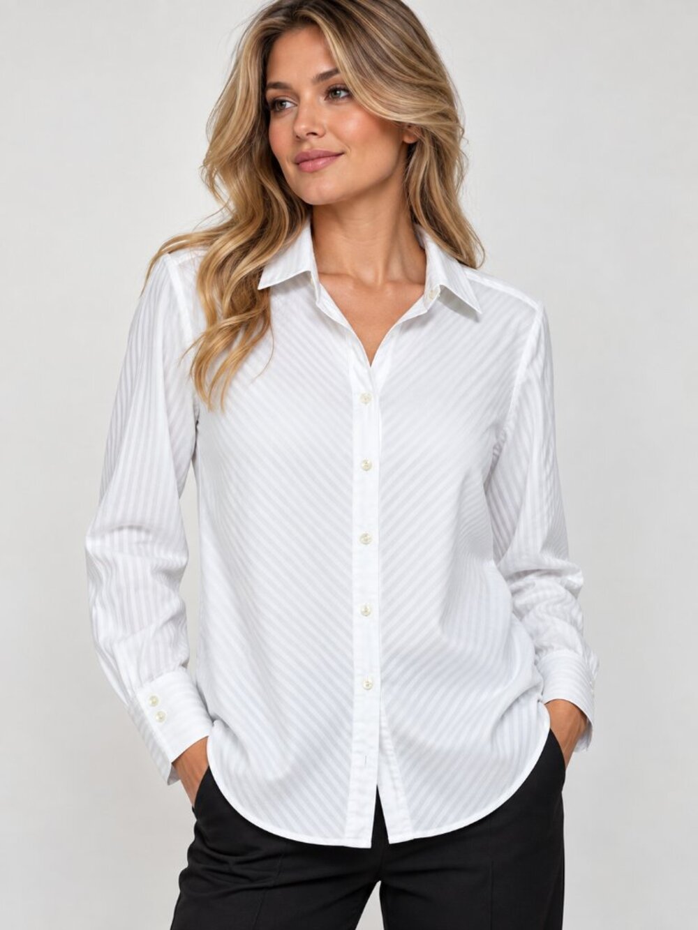 Hinson Wu Luxe Cotton White Herringbone Button Down Shirt Stripe French Cuff 6